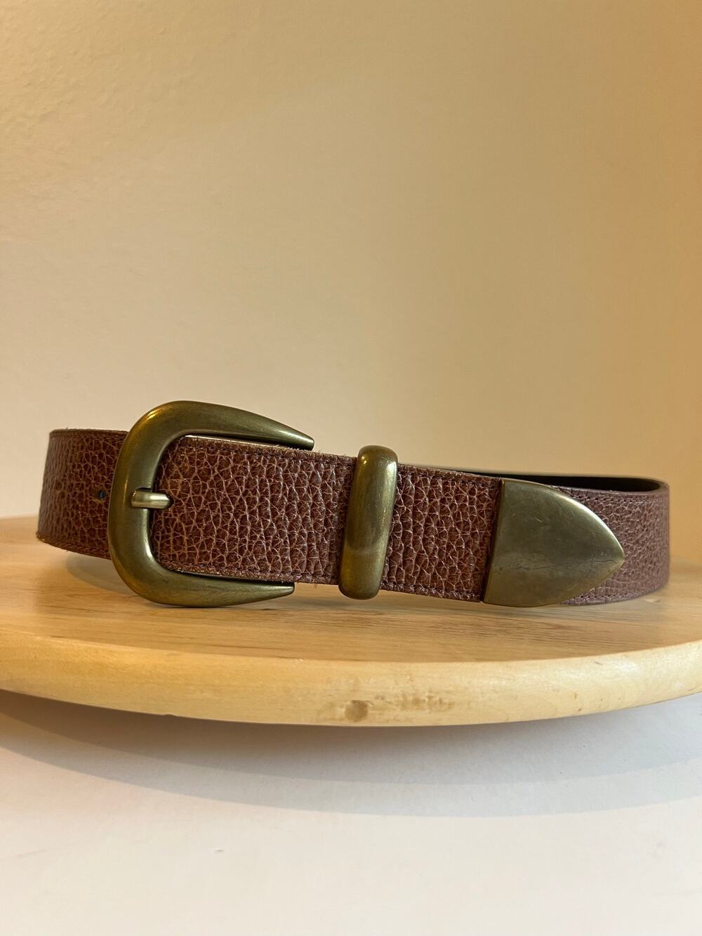 Details Vintage Tan Leather USA Made Gold Tipped Spain Buckle Belt Size Medium